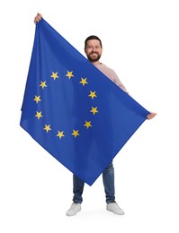 Man holding European Union flag on white background