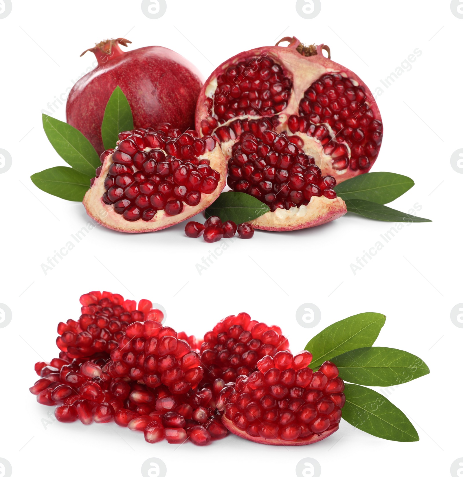 Image of Tasty ripe pomegranates on white background, collage