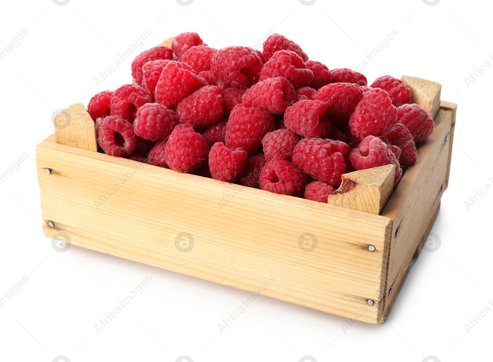 Photo of Wooden crate of delicious fresh ripe raspberries on white background