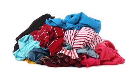 Pile of dirty clothes on white background