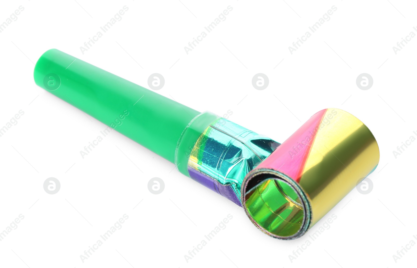 Photo of Green party blower isolated on white. Clown's accessory