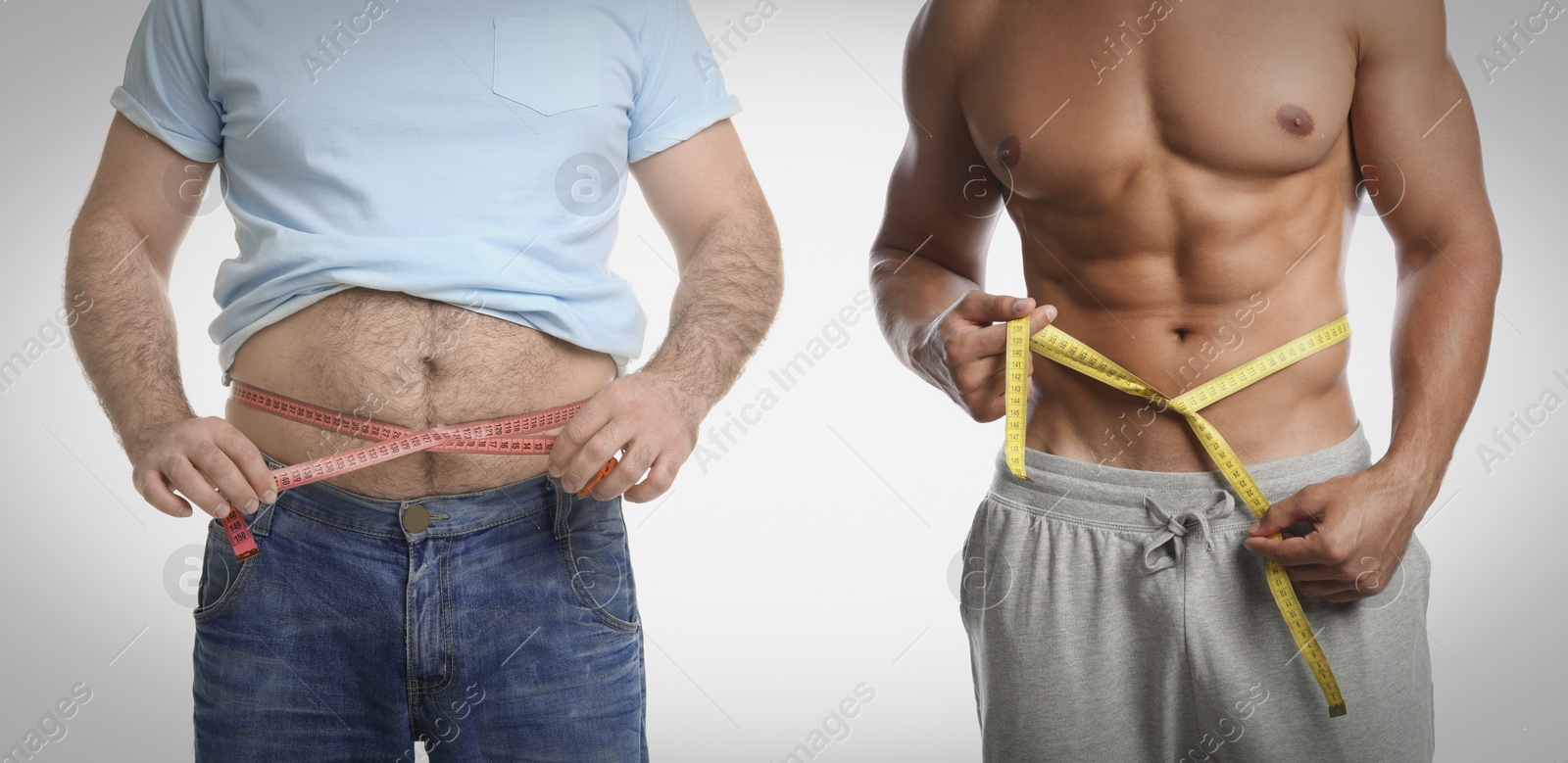 Image of Slim and overweight men on light background, closeup