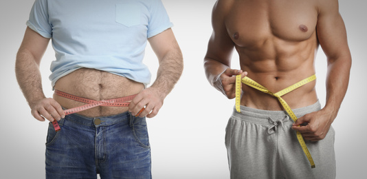 Image of Slim and overweight men on light background, closeup