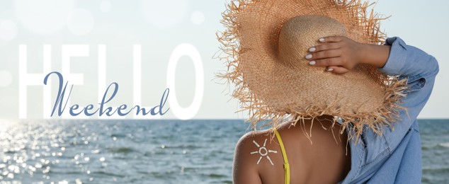 Image of Hello Weekend. Young woman near sea, banner design
