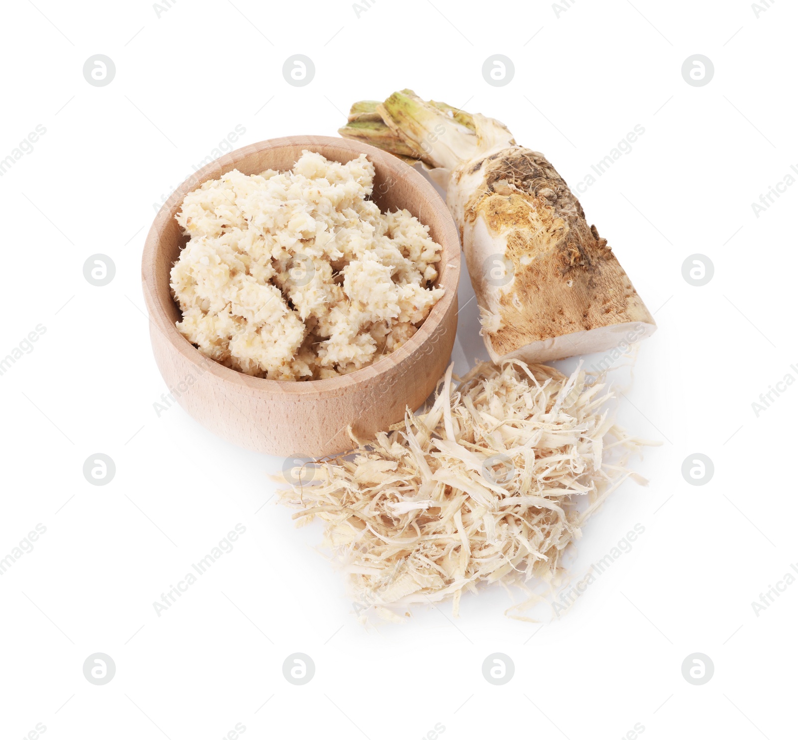 Photo of Bowl of tasty prepared horseradish and grated root isolated on white