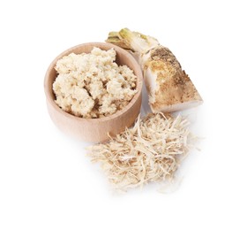 Bowl of tasty prepared horseradish and grated root isolated on white