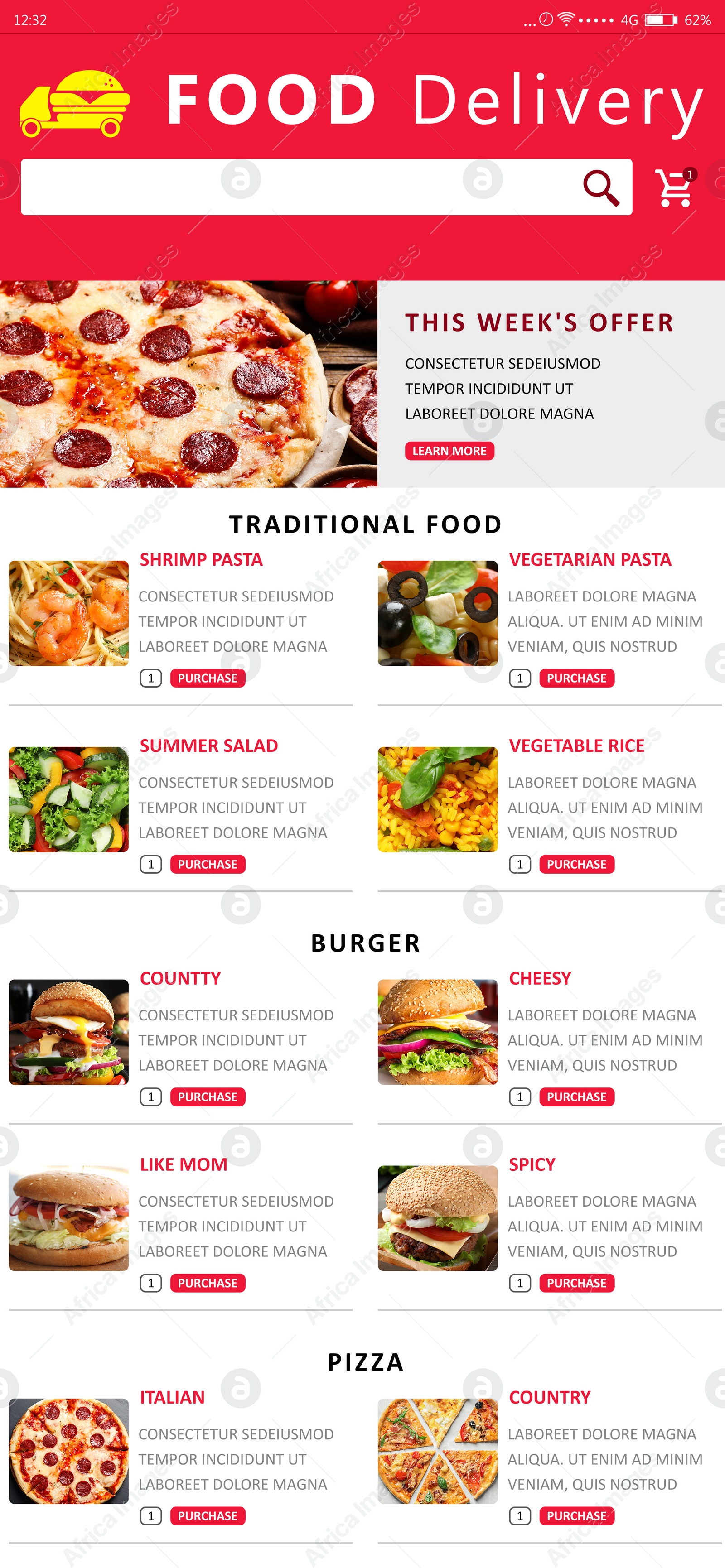 Image of Food delivery app. Display with appetizing menu