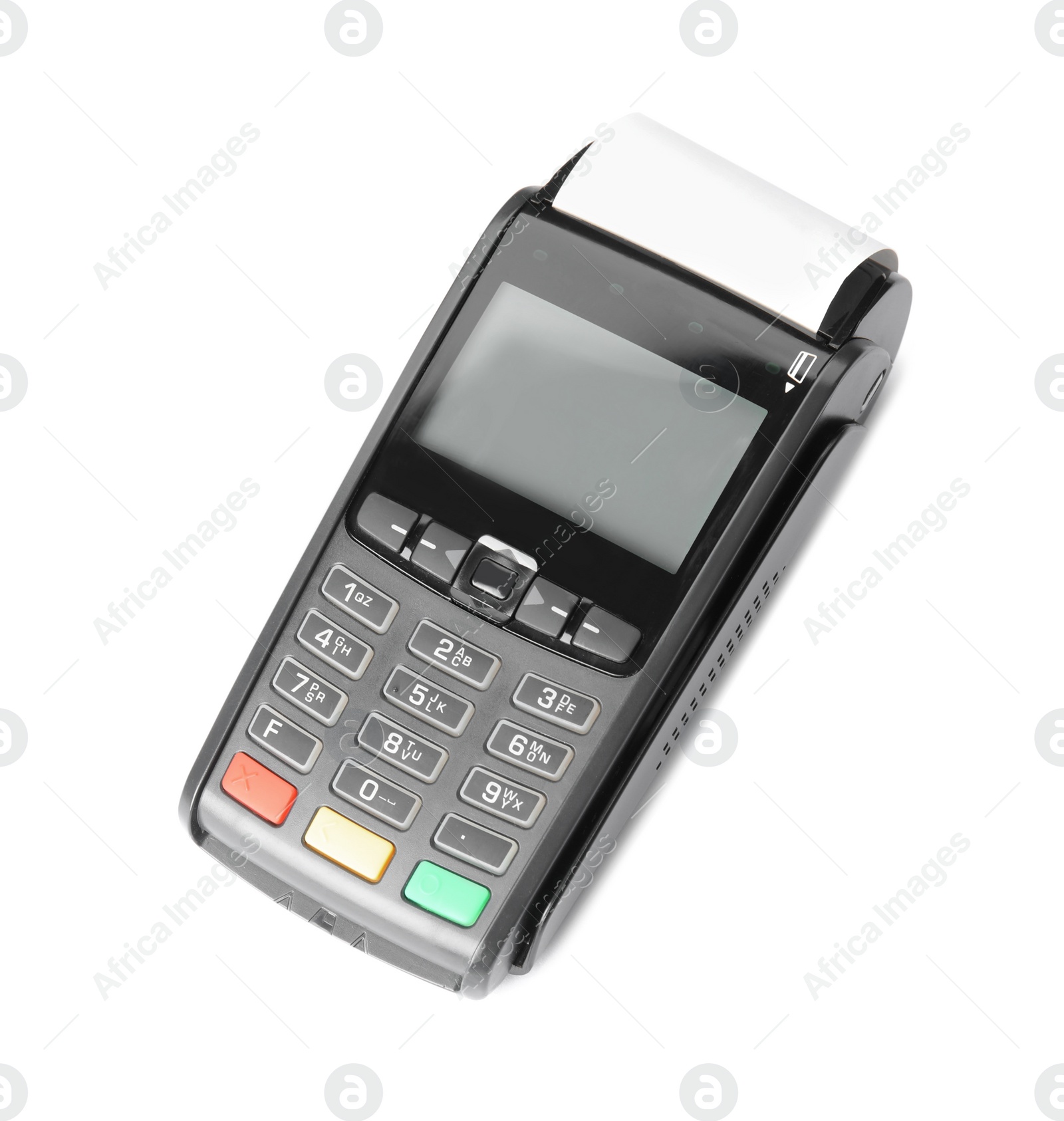 Photo of Modern payment terminal on white background, top view