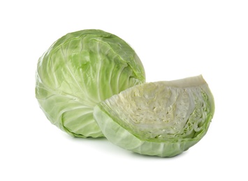 Whole and sliced cabbages on white background. Healthy food