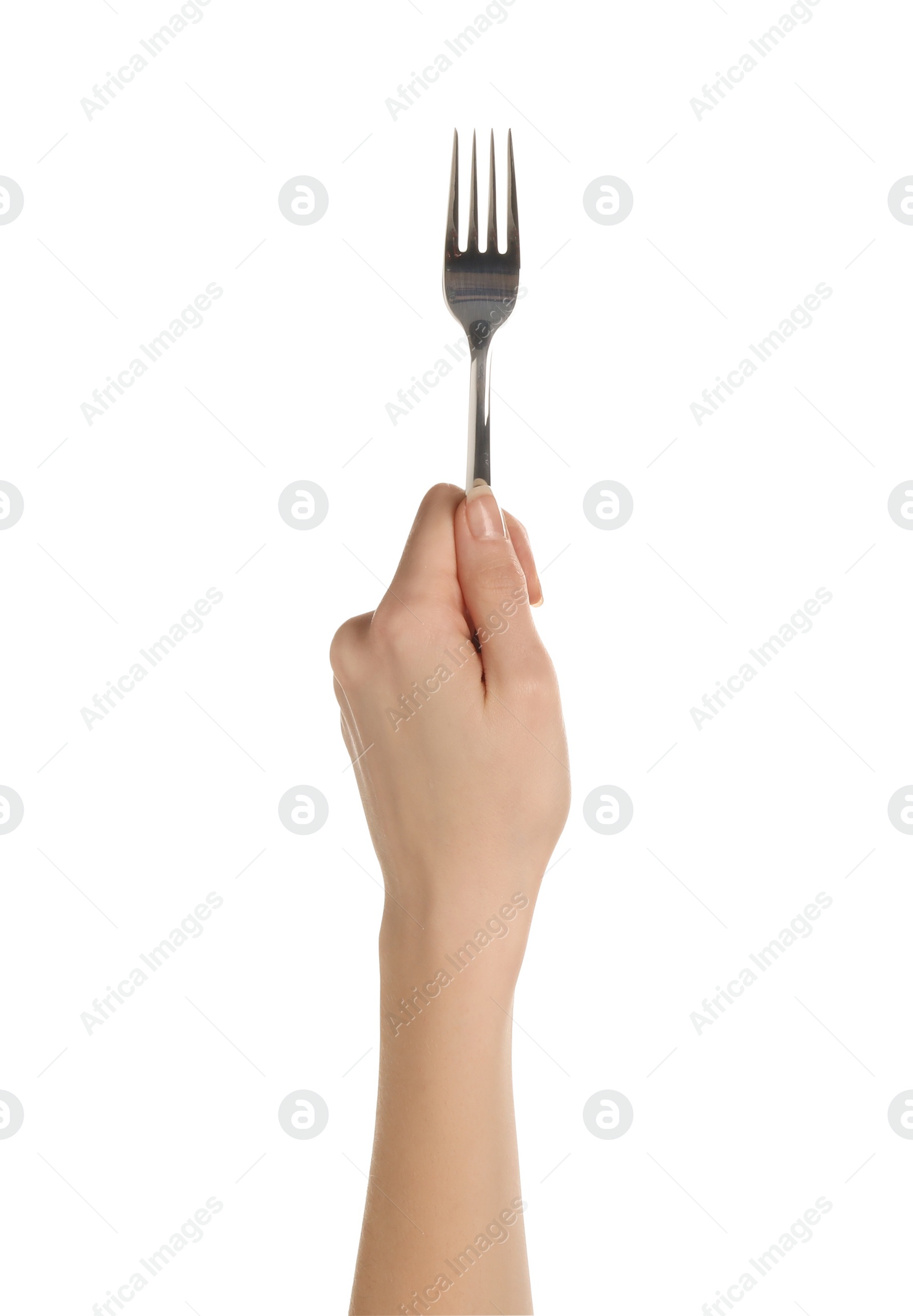 Photo of Woman holding clean fork on white background, closeup