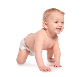 Photo of Cute little baby crawling on white background