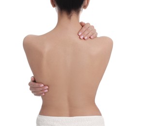 Photo of Back view of woman with perfect smooth skin on white background, closeup
