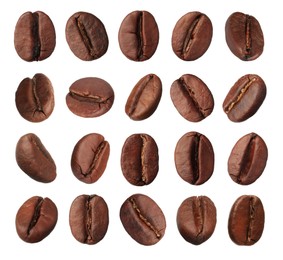 Image of Set with aromatic roasted coffee beans on white background