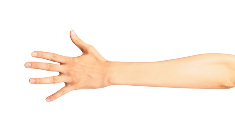 Photo of Young woman holding hand on white background, closeup