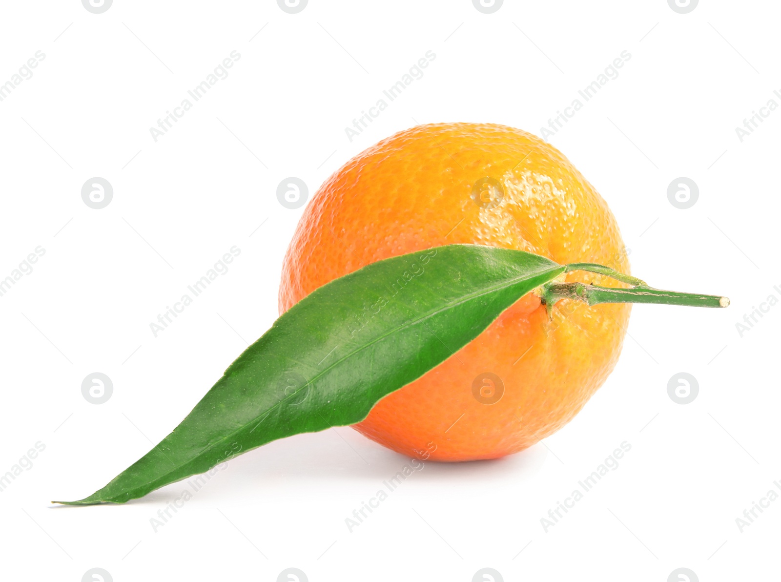 Photo of Tasty ripe tangerine with leaf on white background