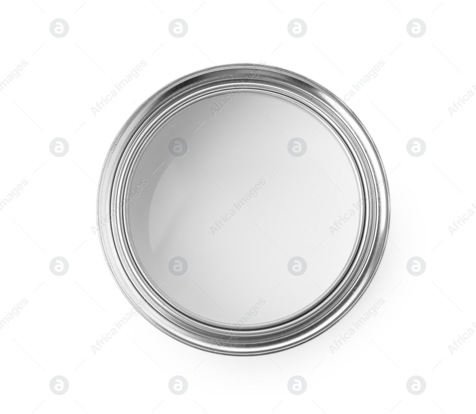 Photo of Open paint can on white background, top view