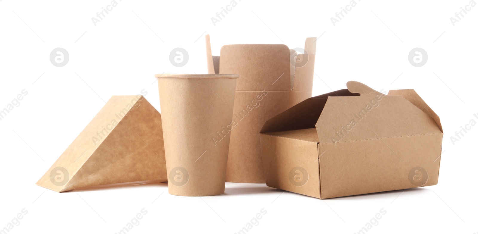 Photo of Eco friendly packaging. Disposable food containers isolated on white