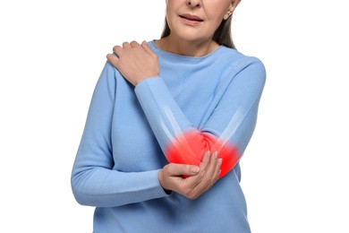 Image of Arthritis symptoms. Woman suffering from pain in her elbow on white background, closeup
