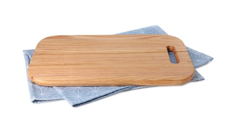 Photo of Wooden cutting board and kitchen towel isolated on white