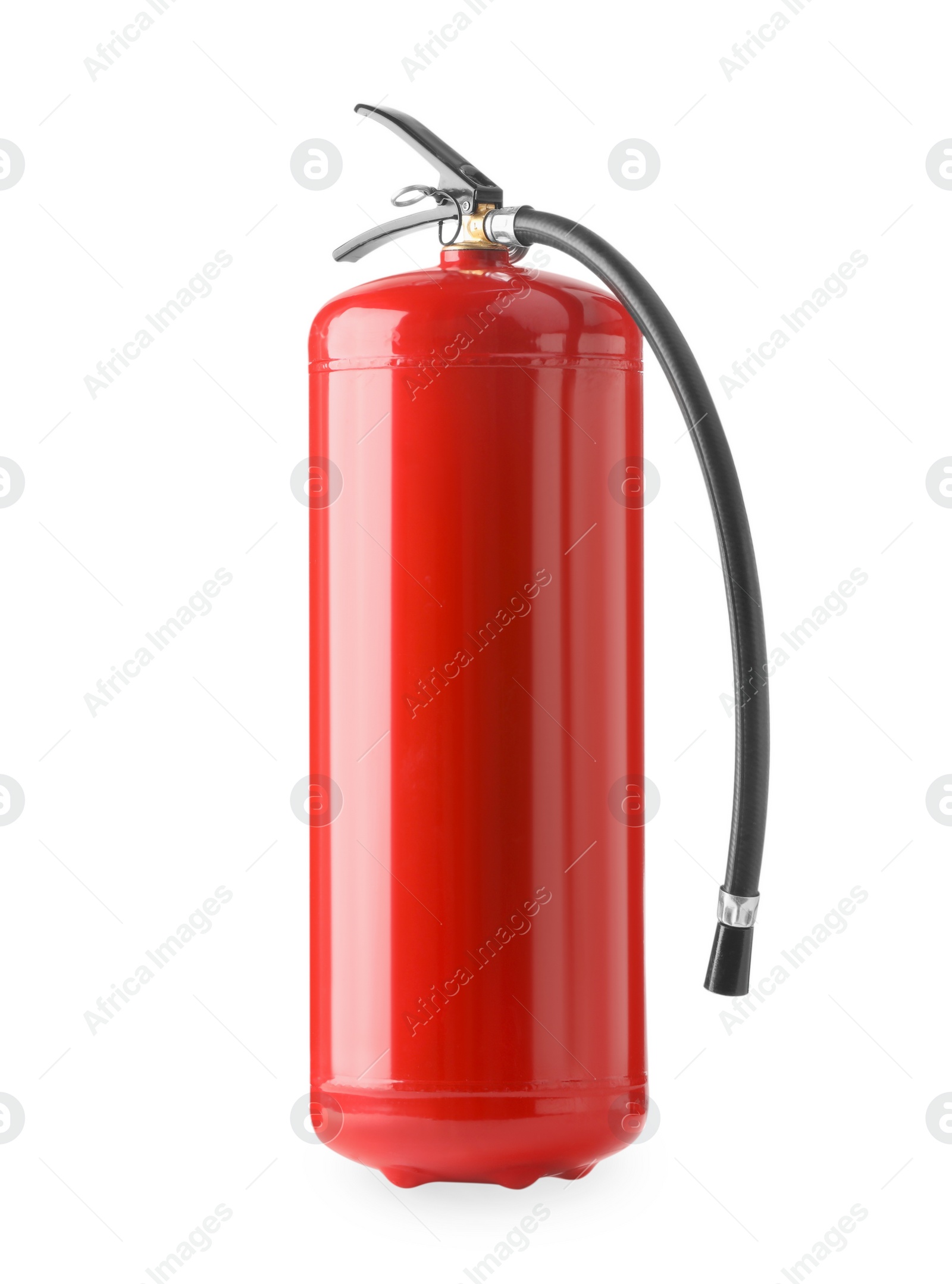 Photo of One red fire extinguisher on white background