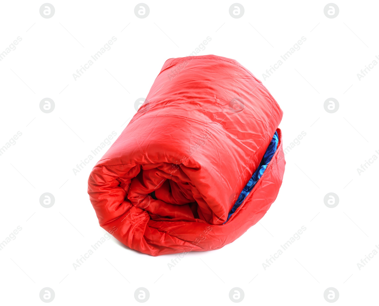 Photo of Rolled sleeping bag on white background. Camping equipment