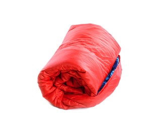 Photo of Rolled sleeping bag on white background. Camping equipment