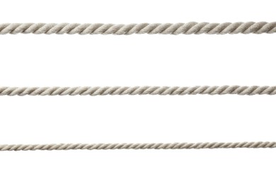 Photo of Cotton ropes on white background. Organic material