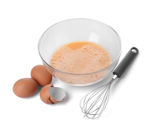 Metal whisk, beaten eggs in glass bowl and shells isolated on white