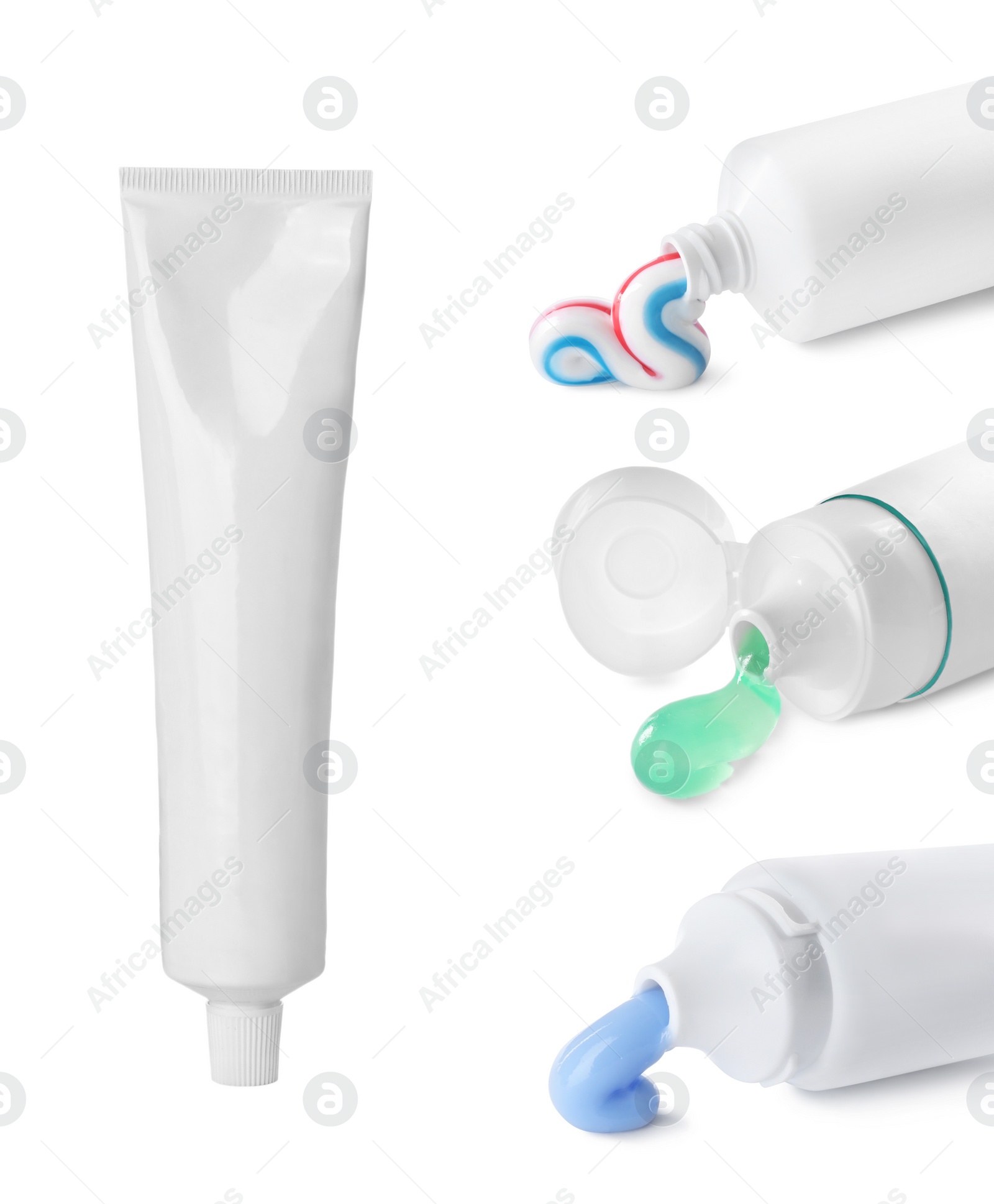 Image of Collage with different toothpastes on white background