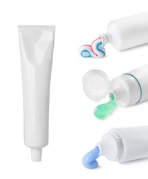 Image of Collage with different toothpastes on white background