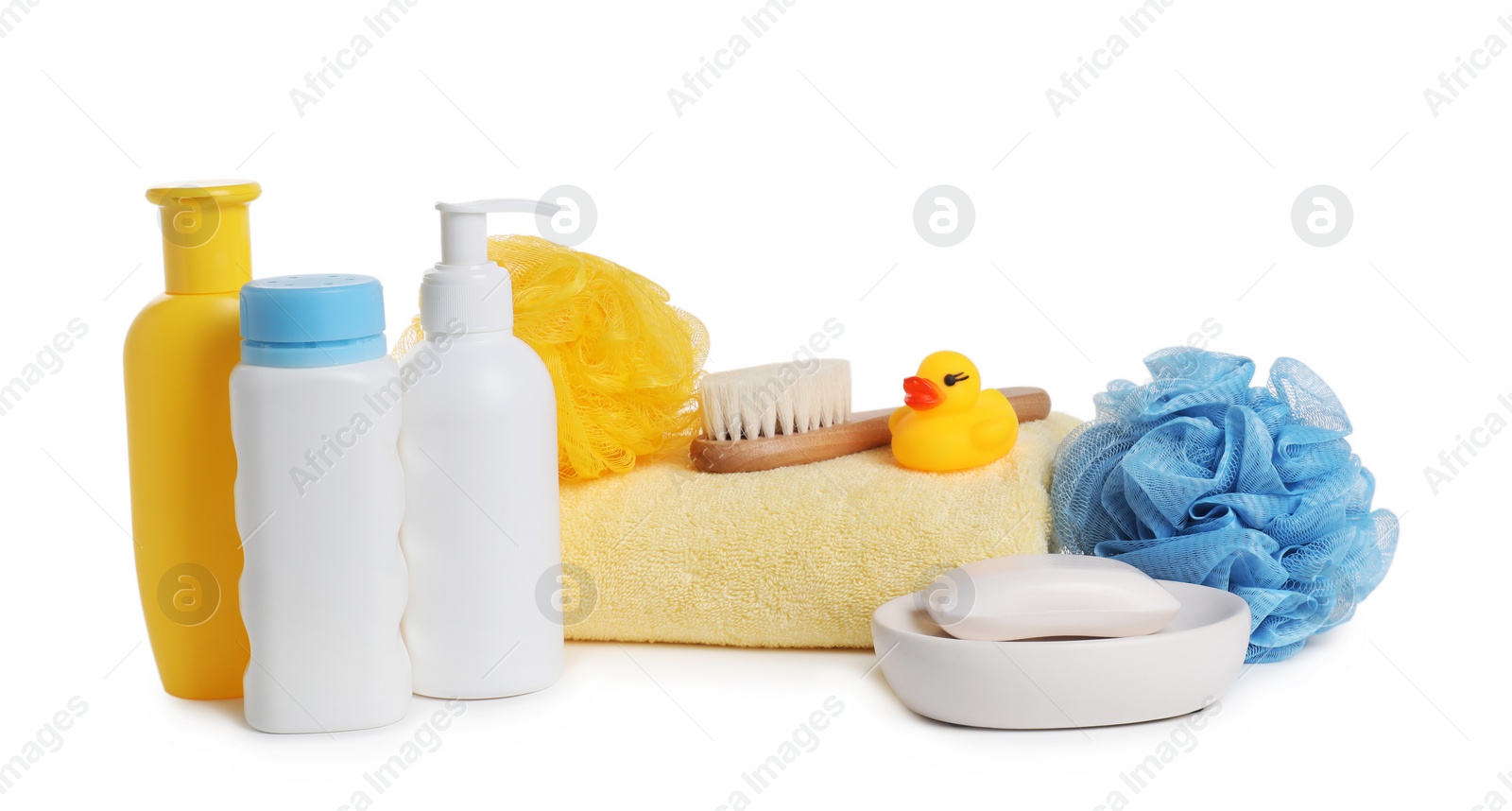 Photo of Baby cosmetic products, bath duck, brush and towel isolated on white