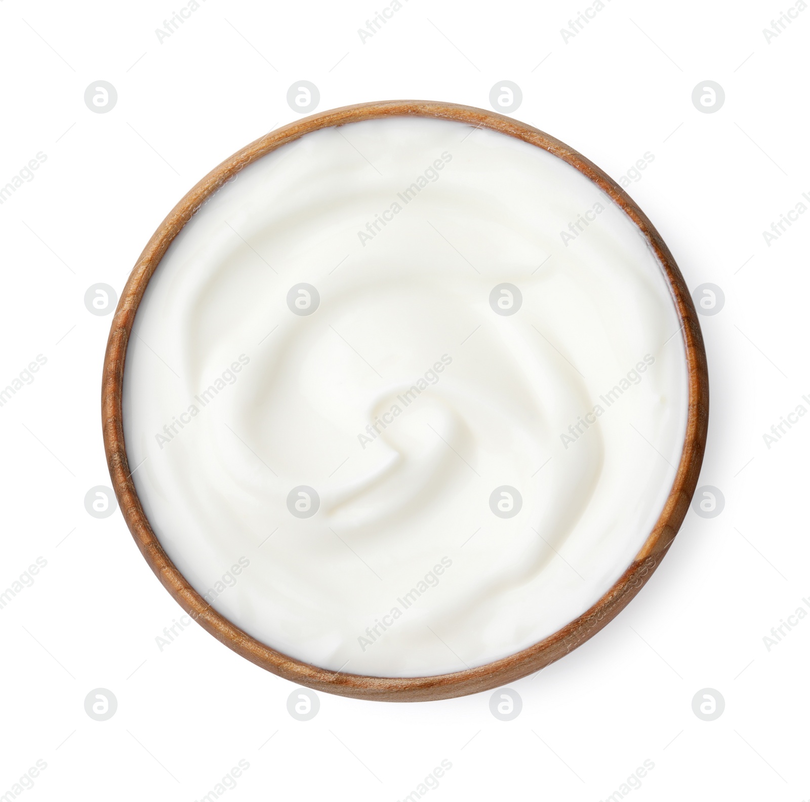 Photo of Delicious natural yogurt in bowl isolated on white, top view