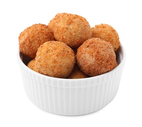 Photo of Bowl with delicious fried tofu balls on white background