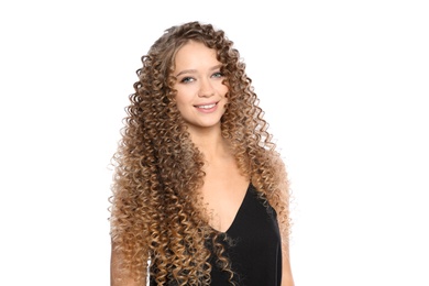 Portrait of beautiful young woman with shiny wavy hair on white background