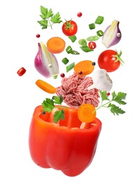 Image of Stuffed pepper recipe. Fresh ingredients falling into bell pepper on white background