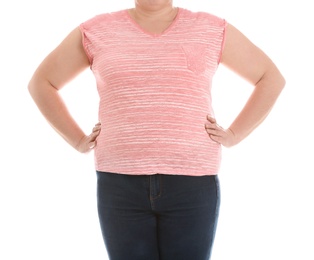 Overweight woman on white background, closeup. Weight loss