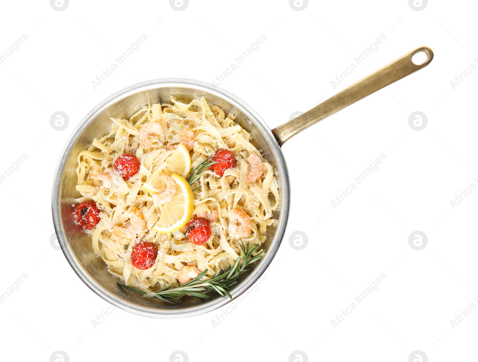 Photo of Delicious pasta with shrimps isolated on white, top view