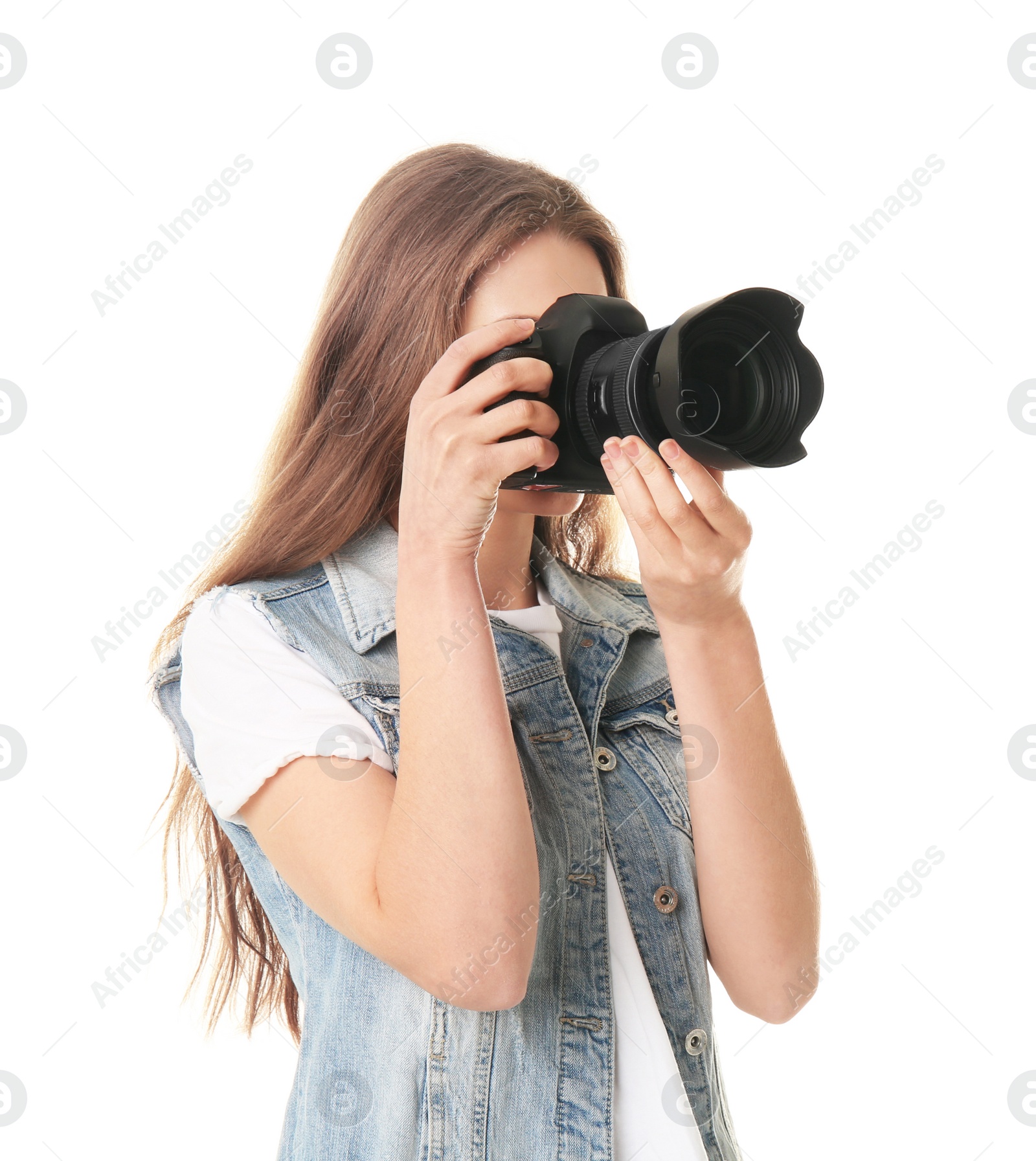 Photo of Female photographer with camera on white background