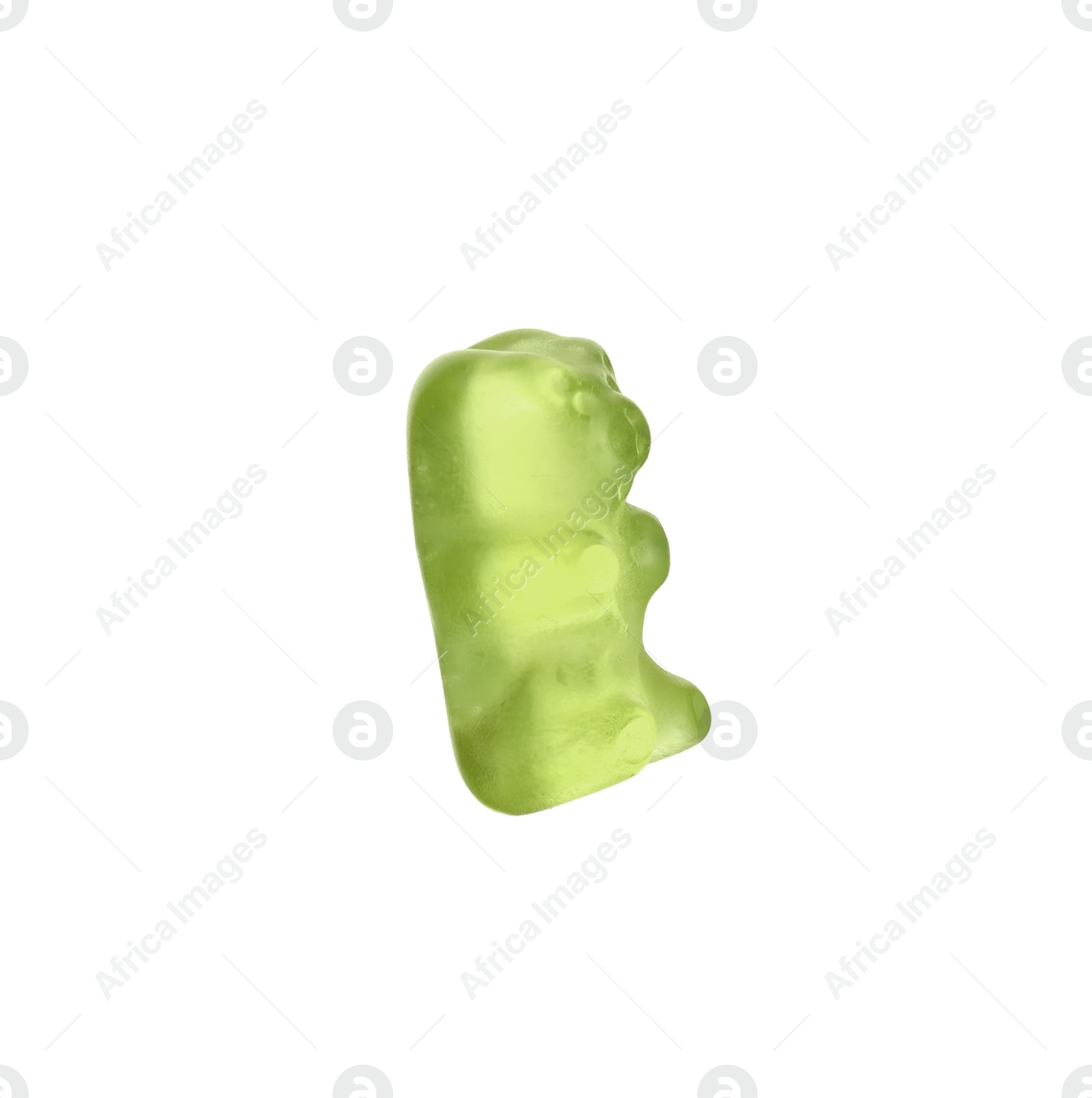 Photo of Delicious green jelly bear on white background