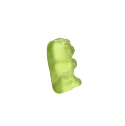 Photo of Delicious green jelly bear on white background