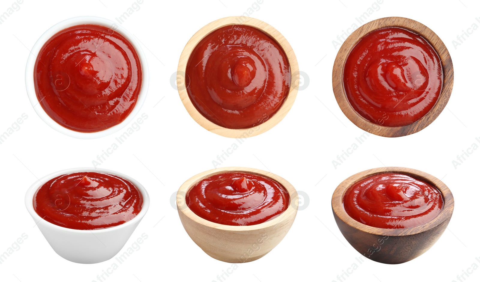 Image of Collage of tasty ketchup in different bowls isolated on white, top and side views. Tomato sauce