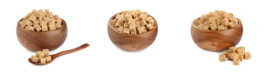 Image of Set with cubes of brown sugar on white background. Banner design