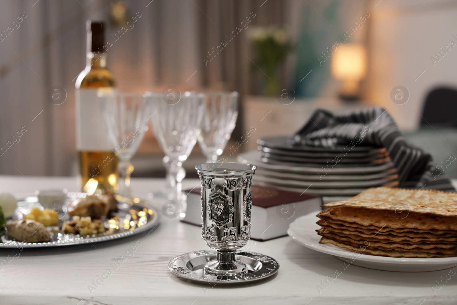 Photo of Table served for Passover (Pesach) Seder indoors