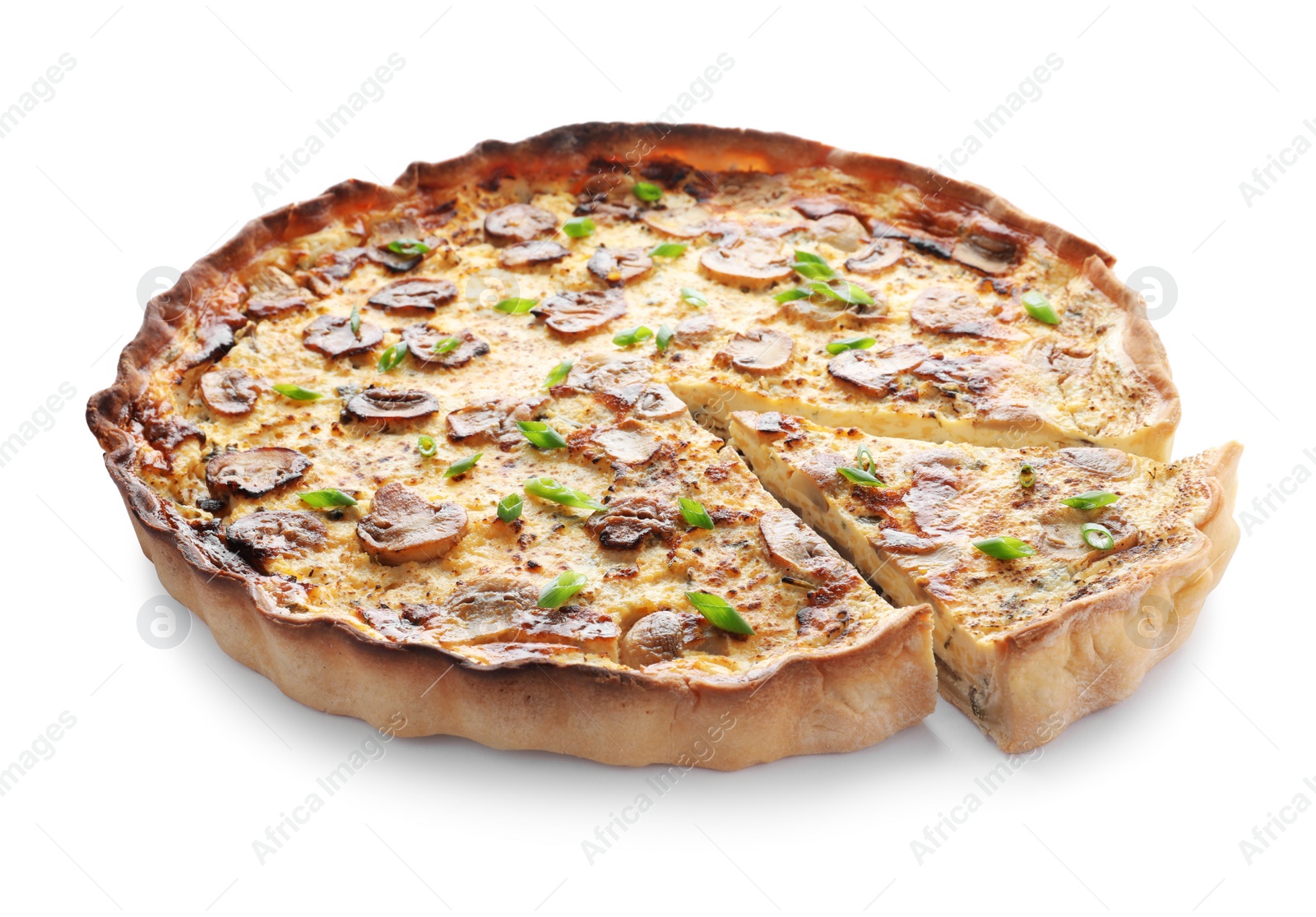 Photo of Delicious pie with mushrooms and cheese isolated on white