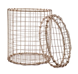 Metal basket with lid on white background