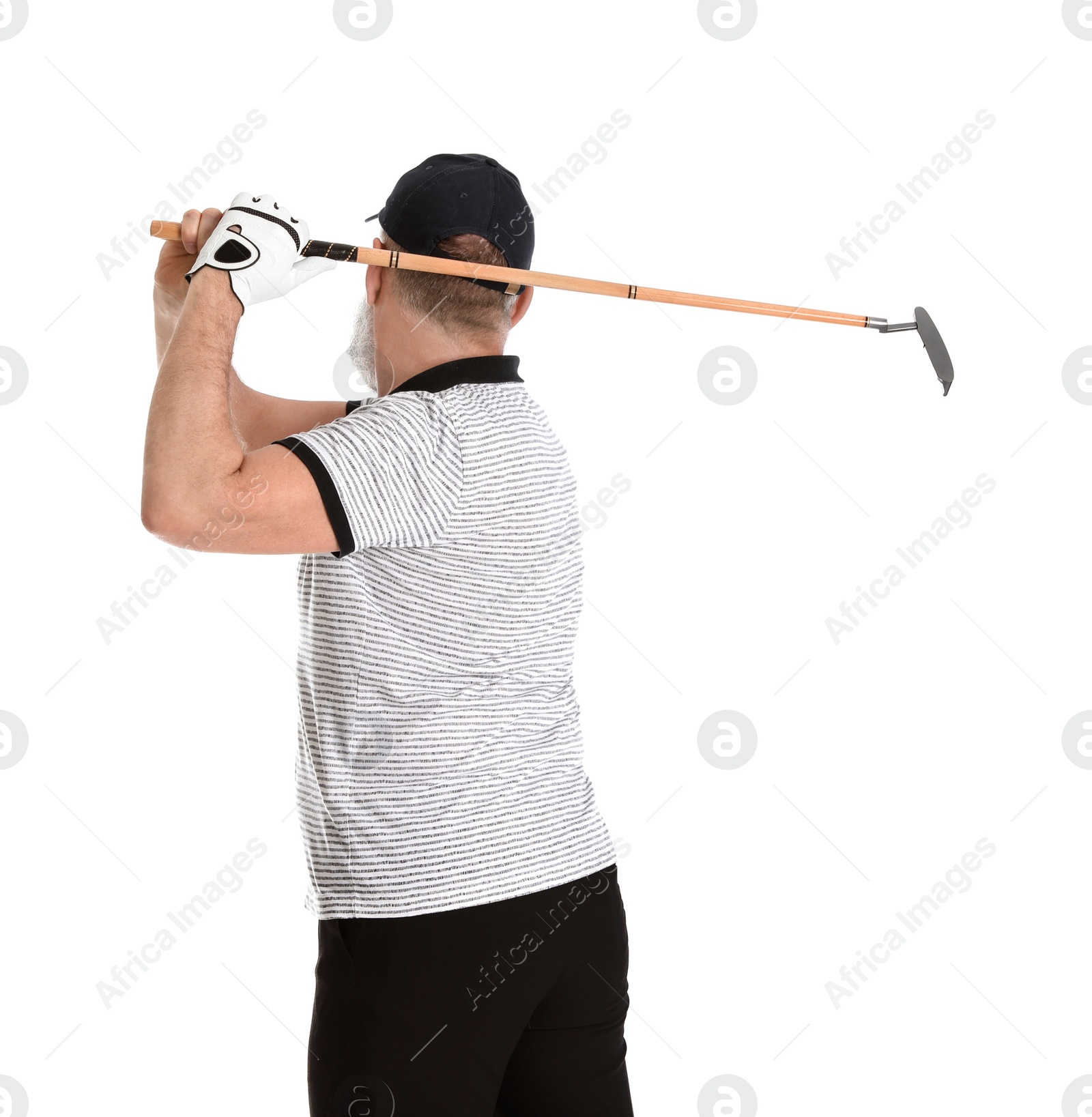 Photo of Senior man playing golf on white background