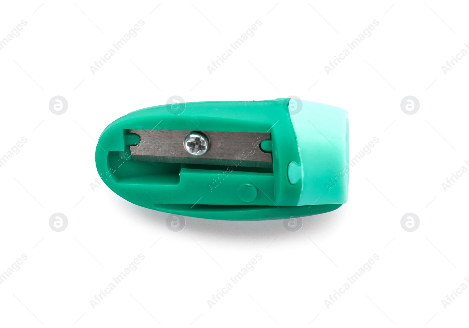 Photo of Pencil sharpener on white background. Stationery for school