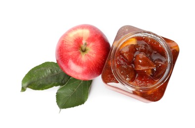 Photo of Tasty apple jam in glass jar and fresh fruit on white background, top view