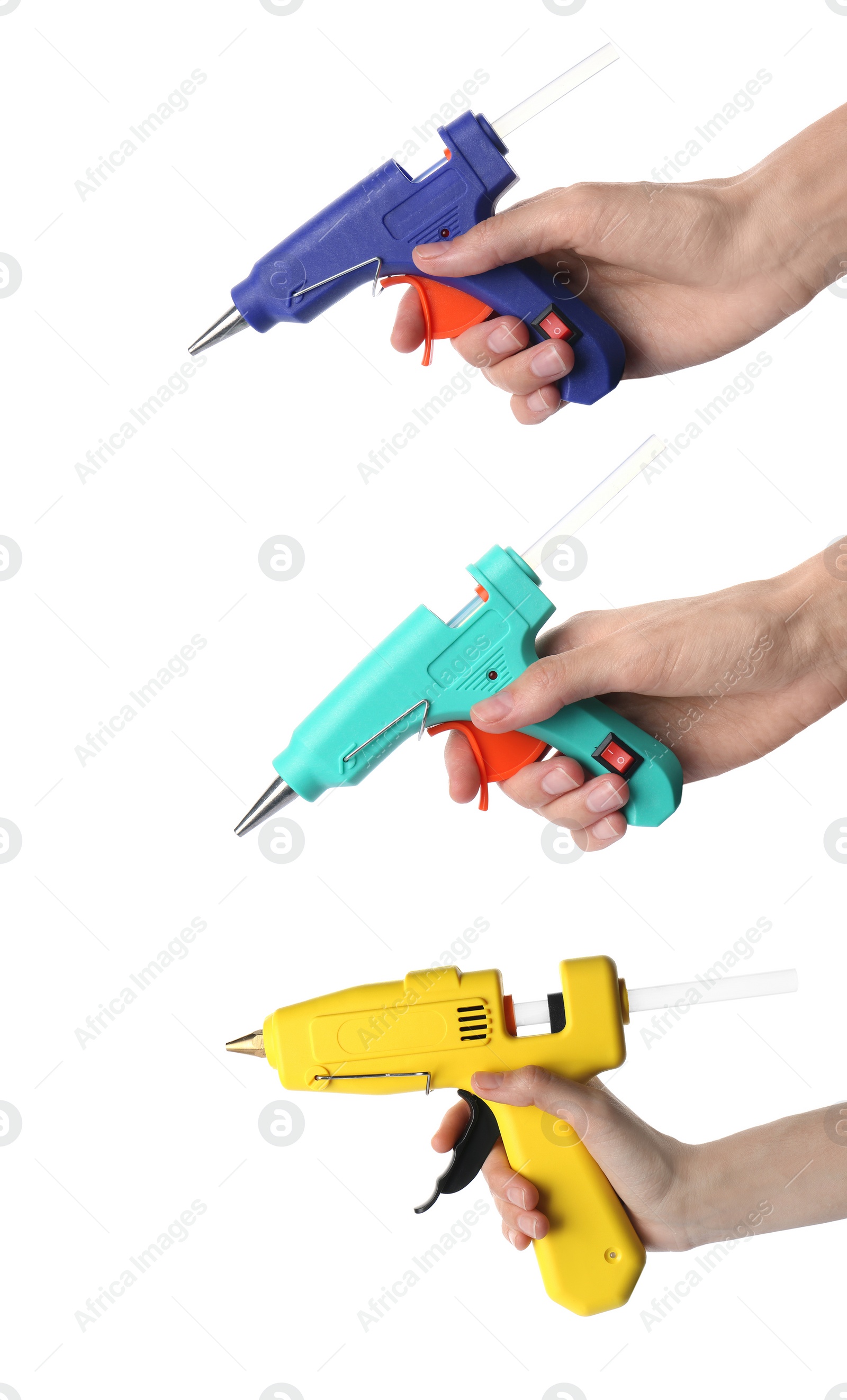 Image of Collage with photos of women holding glue guns with sticks on white background, closeup