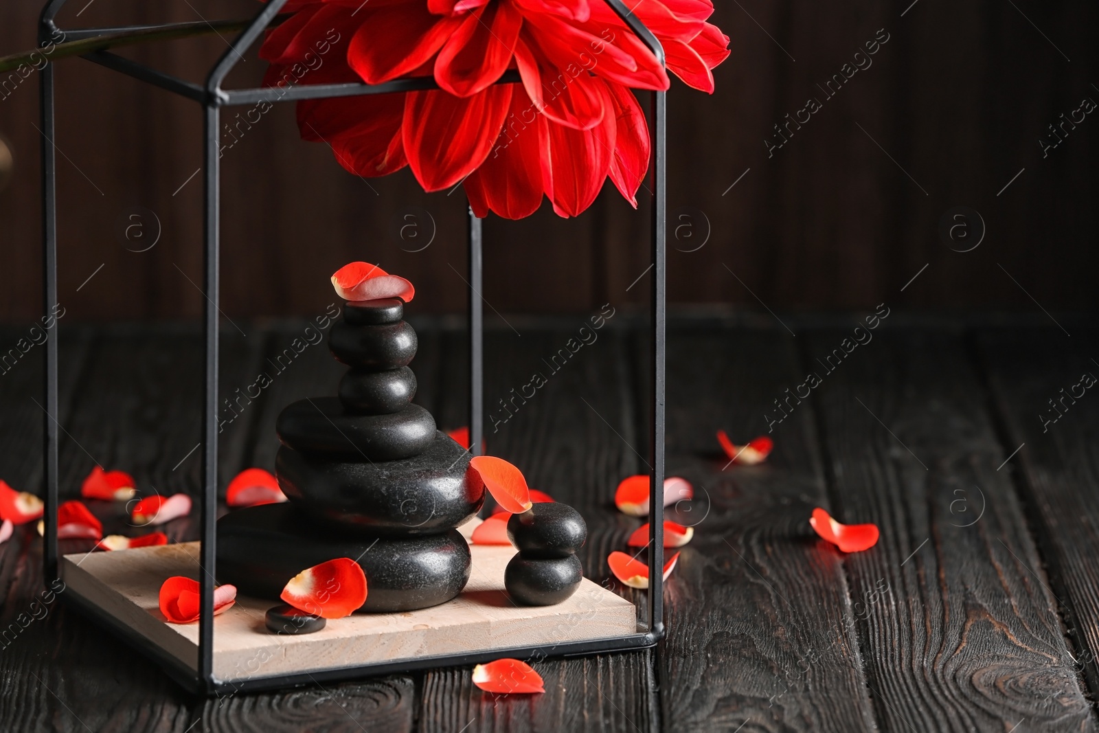 Photo of Composition with spa stones on wooden table against black background. Space for text